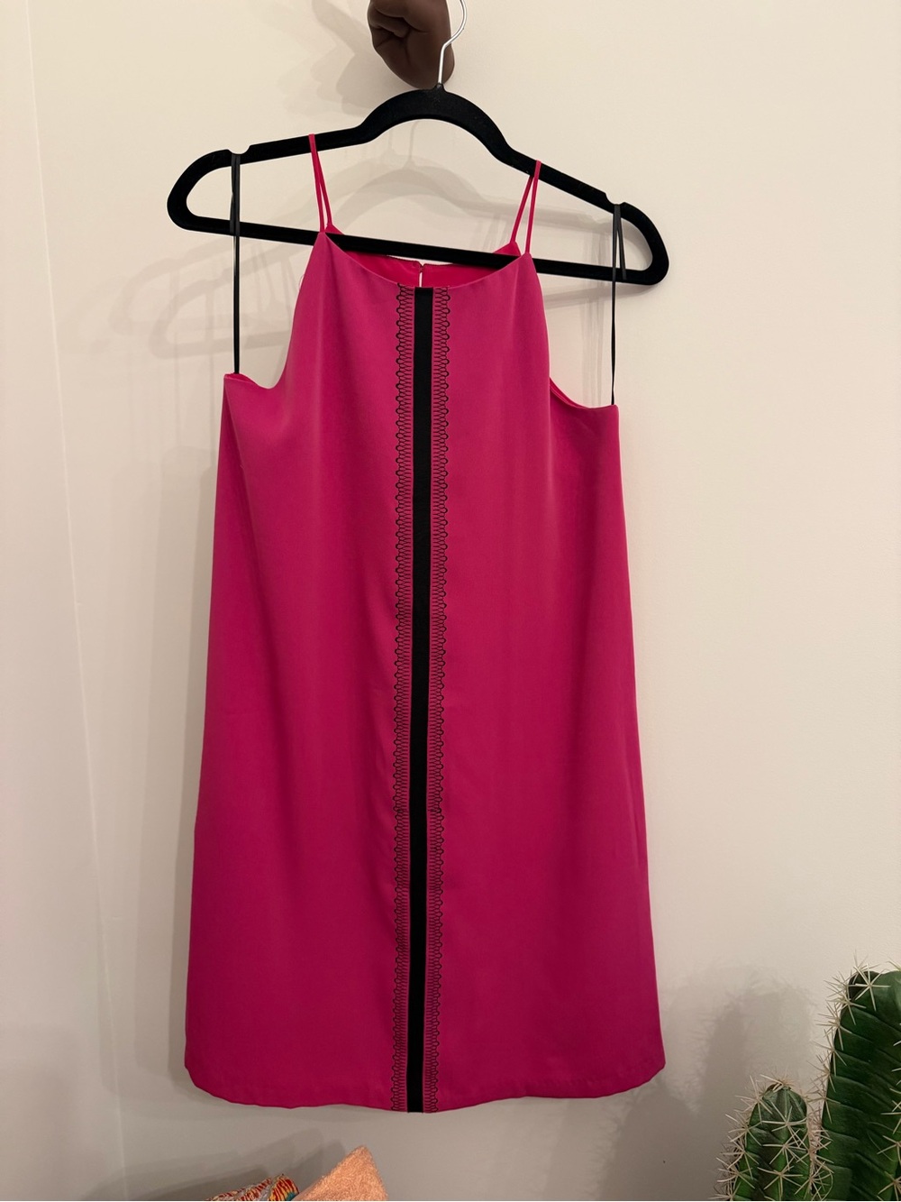 Tristan Hot Pink Spaghetti Strap Shift Dress with Black Center Trim